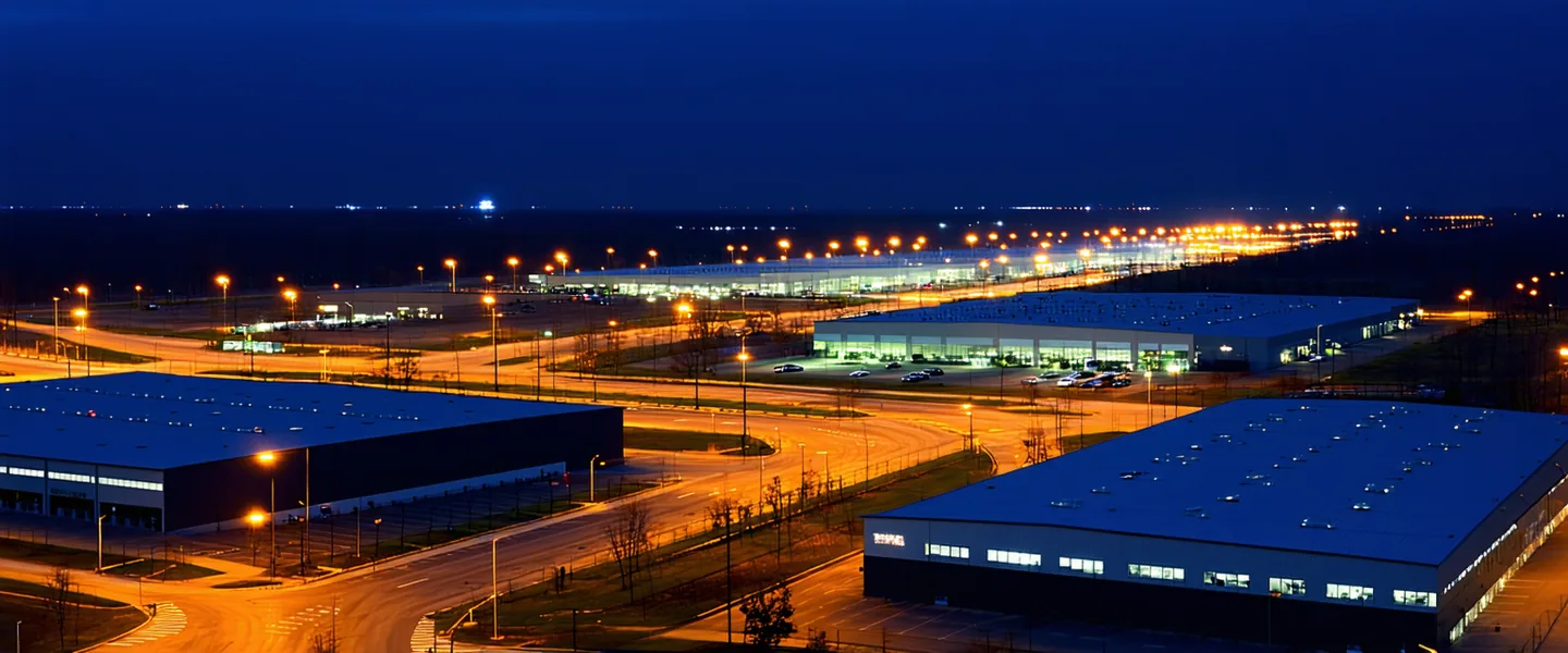 Aerial nighttime view of a logistics hub district with amber streetlight patterns forming a grid