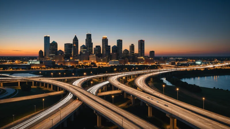 Columbus Ohio downtown skyline with highway interchange in foreground