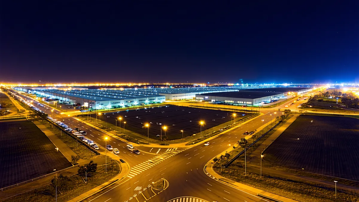 Aerial nighttime view of a logistics hub district with distribution networks visible