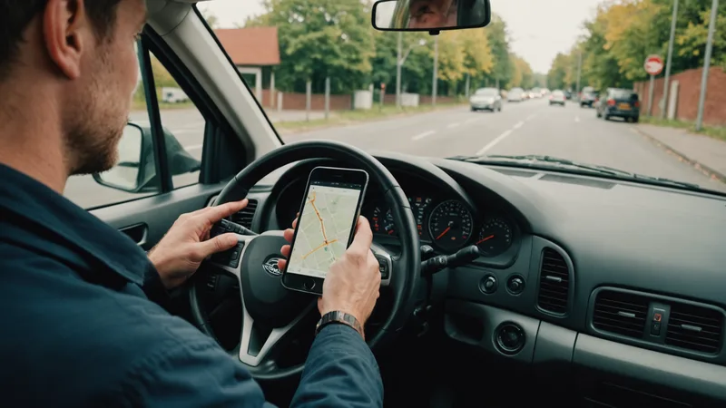 Delivery driver using mobile app on phone in cab of truck