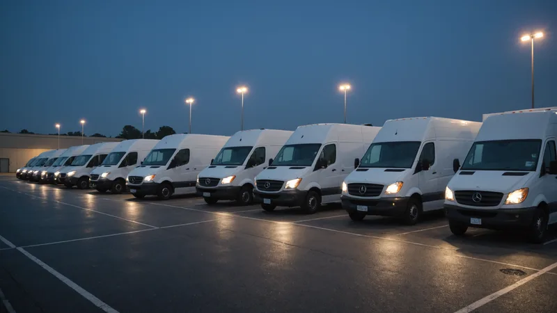 Fleet of delivery trucks lined up at distribution center in early morning