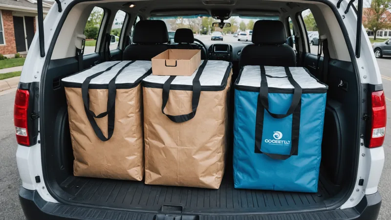 Insulated grocery delivery bags stacked in delivery vehicle ready for dispatch