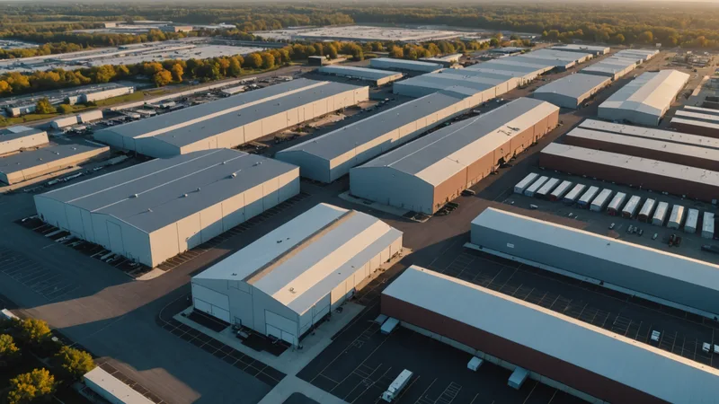 Multiple warehouse distribution centers viewed from above with route connections