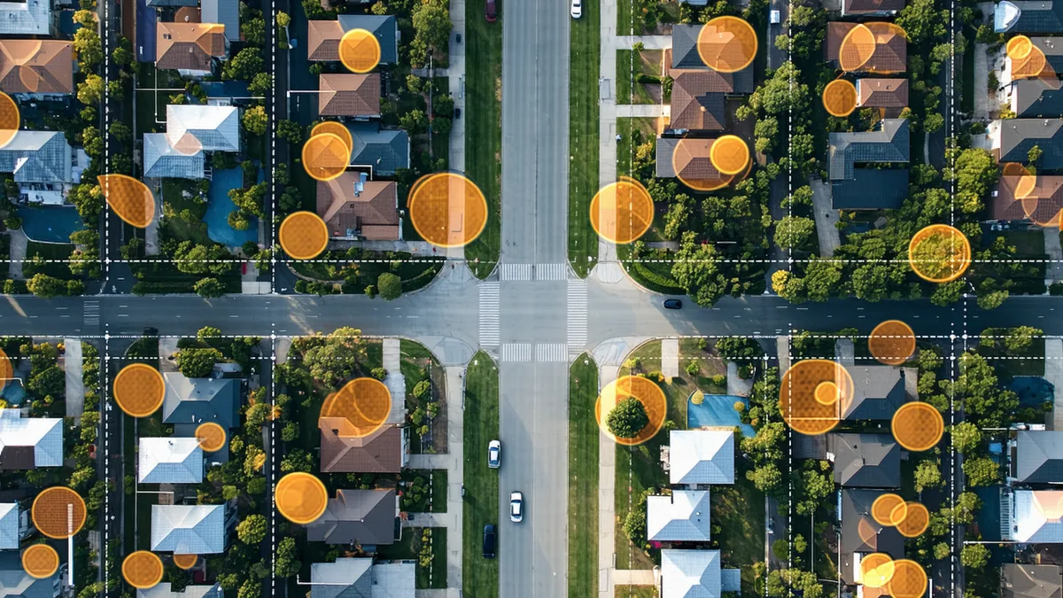 Abstract residential neighborhood viewed from above with time-pattern signal overlays