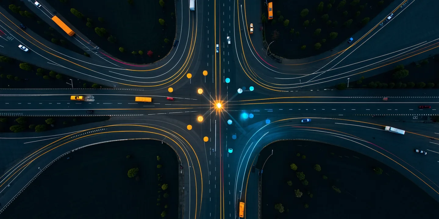 Abstract visualization of a delivery route network with stop clusters and sequencing overlays