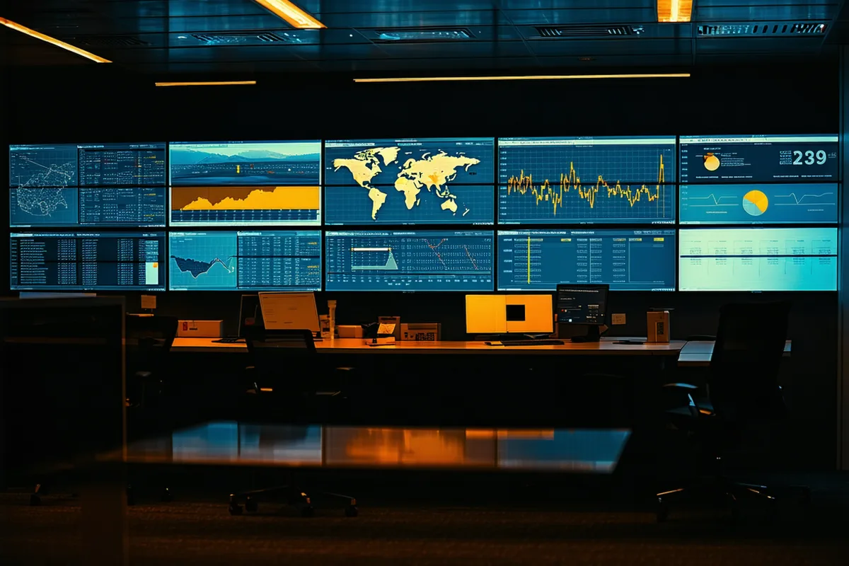 Logistics operations center with fleet manager reviewing delivery schedules on screens
